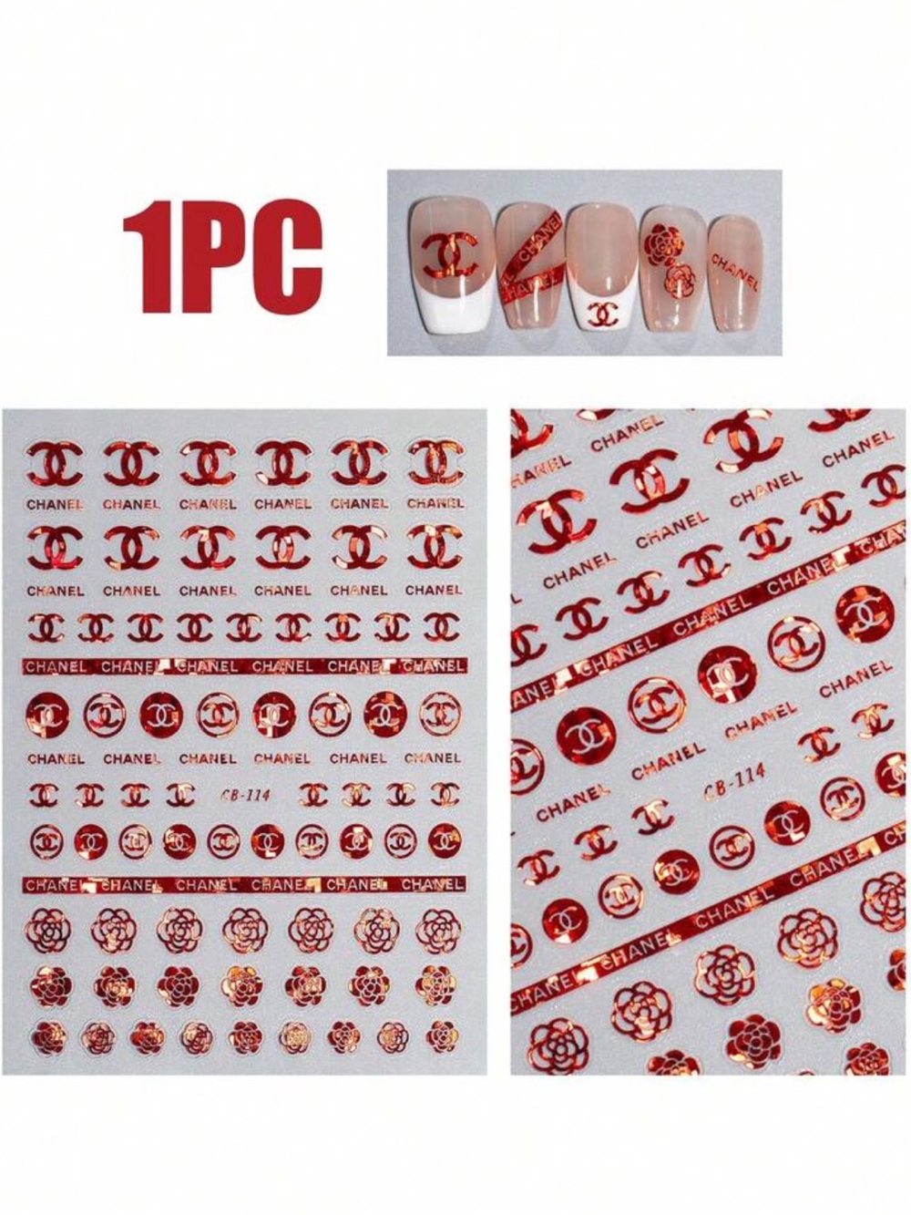 New 1pc Red Metallic Nail Art Sticker Sheet - Luxury Logo & Floral Accents